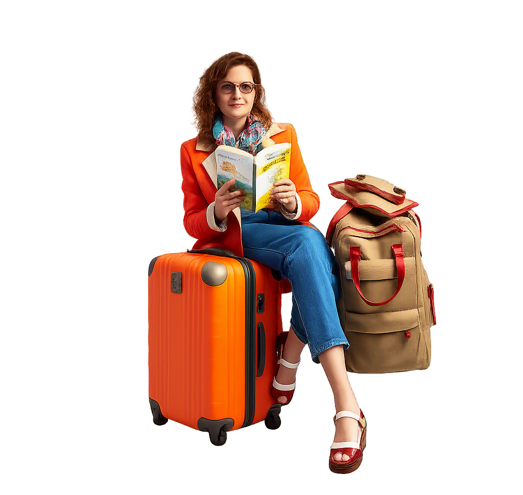 a stylish solo traveler sitting with a bright orange suitcase, holding a guidebook, studio photograp