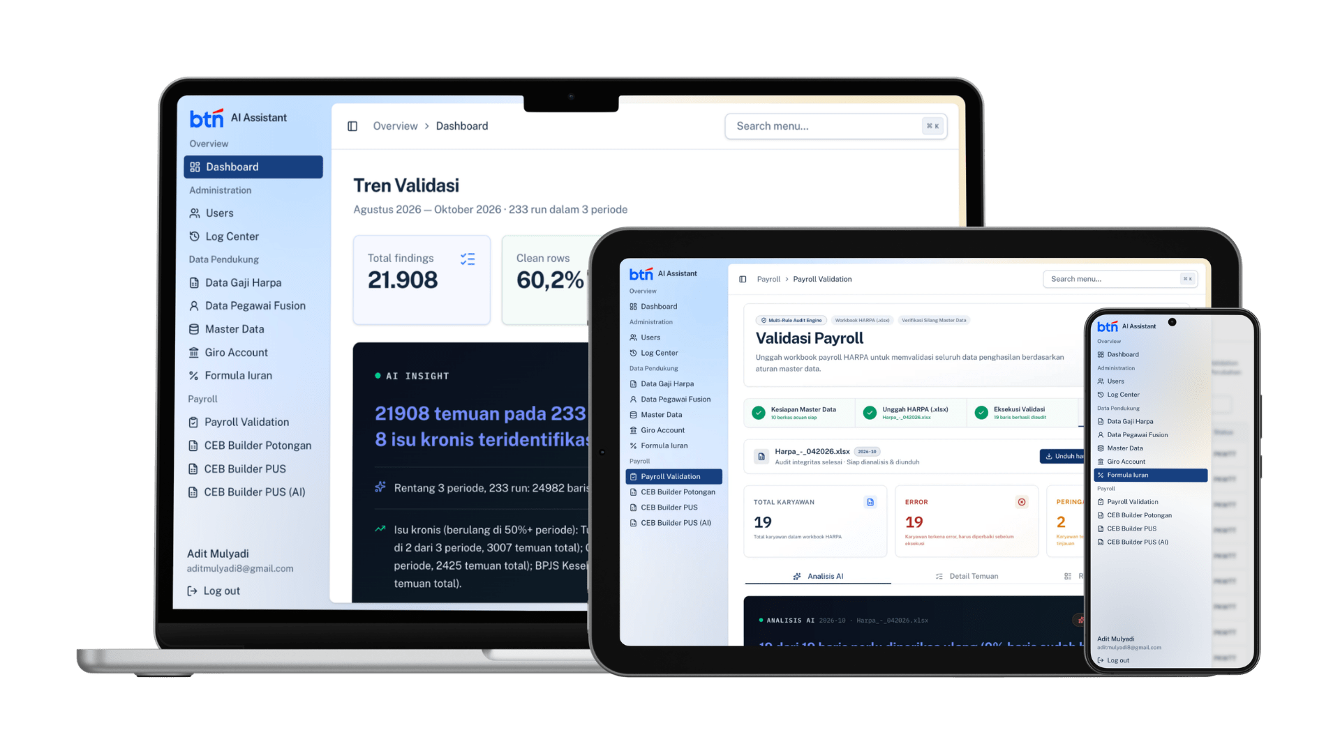 BTN Payroll AI Assistant on laptop, tablet and phone