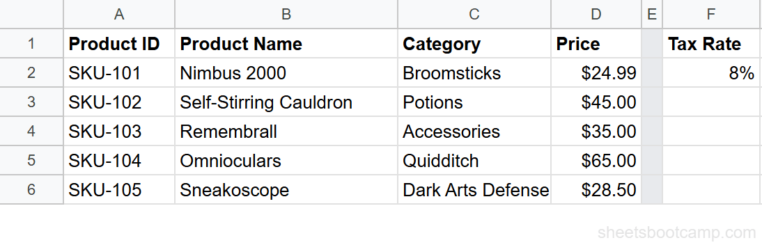 Product inventory with prices in column C and a tax rate of 8% in cell F2