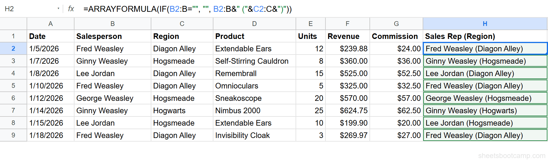 ARRAYFORMULA concatenating salesperson name and region into a single column