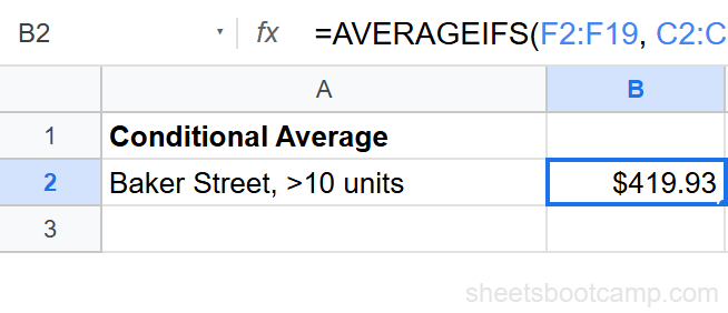 AVERAGEIFS formula result showing average revenue for Baker Street with more than 10 units