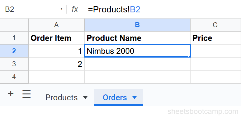 Cell B2 on the Orders sheet displaying Nimbus 2000 pulled from the Products sheet