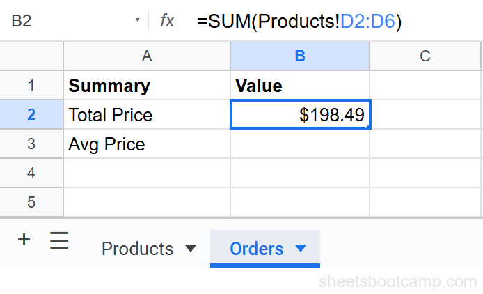 SUM formula referencing Products!D2:D6 to total prices from another sheet