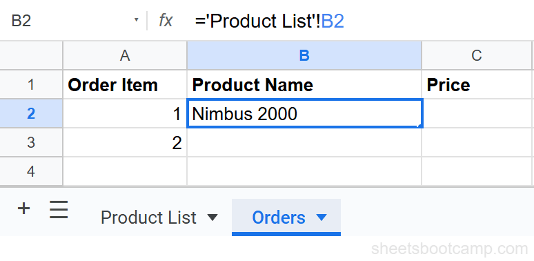 Formula bar showing single quotes around a sheet name with spaces: ='Product List'!B2