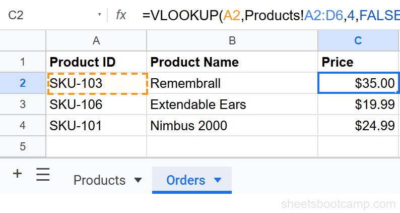 VLOOKUP formula referencing the Products sheet range to look up a price