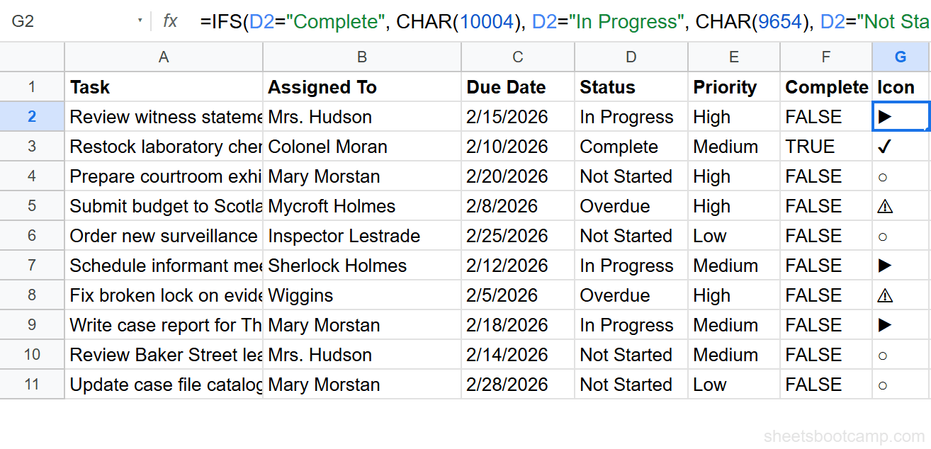 Helper column G showing status icons from IFS formula