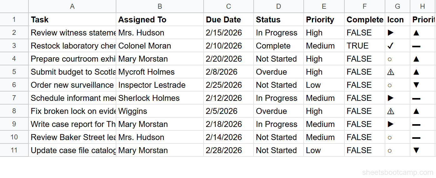 Complete task tracker with status and priority icon columns