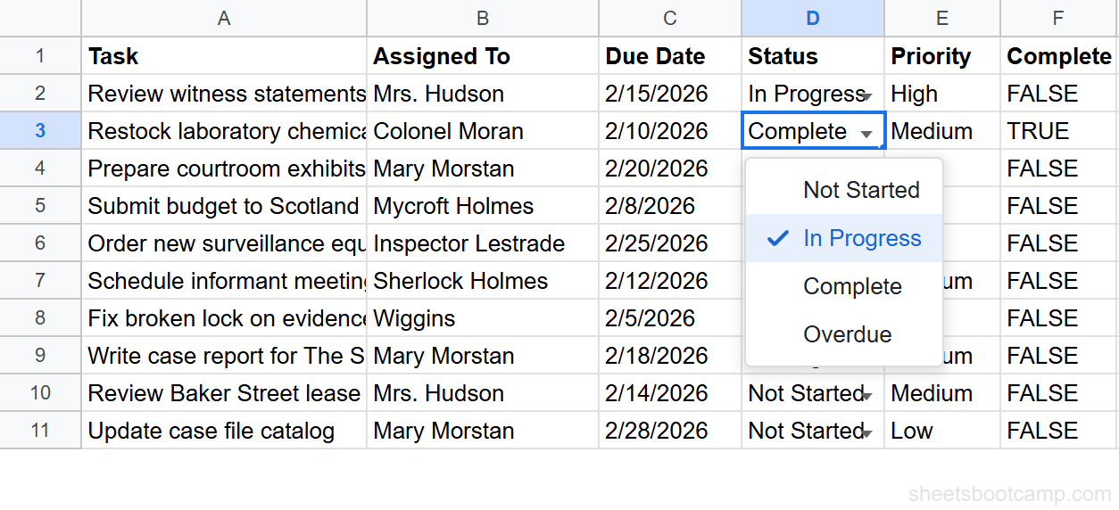 Task tracker with data validation dropdown showing Status options: Not Started, In Progress, Complete, Overdue