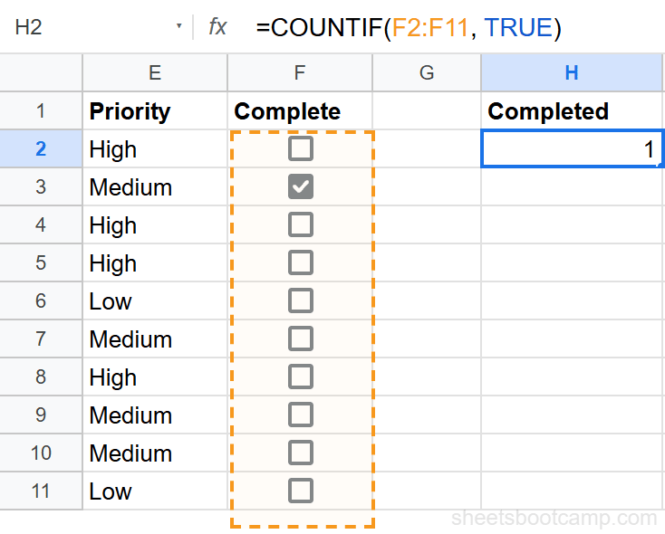 COUNTIF formula counting checked boxes with result of 1 in cell H2