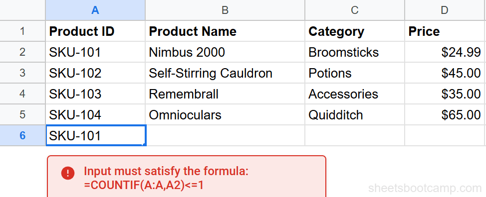 COUNTIF formula preventing a duplicate Product ID entry in Google Sheets