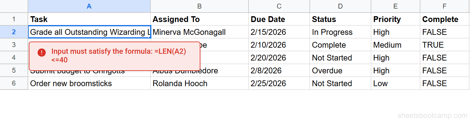 Error message shown when entering text that exceeds the 40 character limit