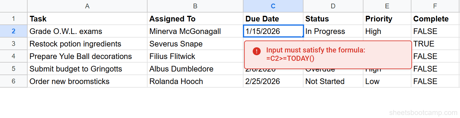 Custom formula blocking a past date entry using TODAY() in data validation