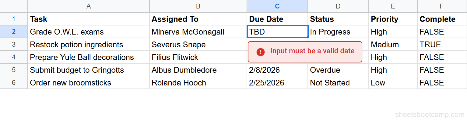 Error message when entering non-date text in a validated date column