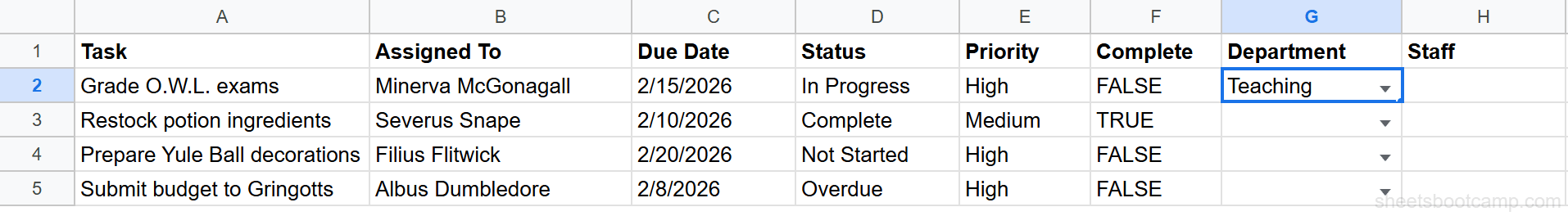 Department dropdown in column G showing Teaching selected in cell G2