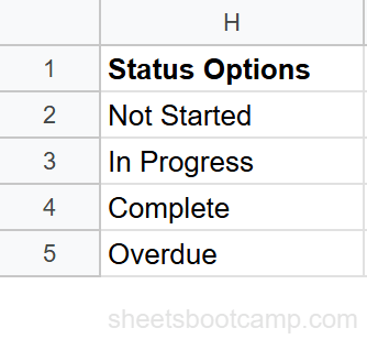Reference list of status options in column H used as the source range for a dropdown list