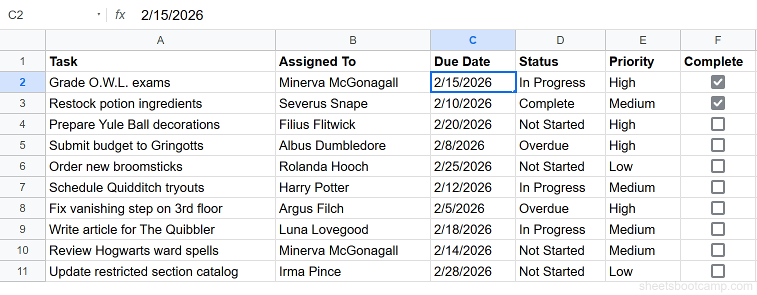 Due Date column selected with date validation applied