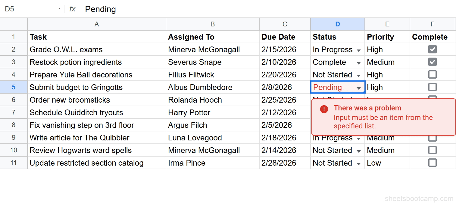 Invalid value Pending rejected with a red error highlight on the cell