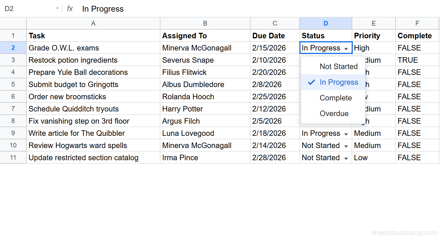 Dropdown applied to the Status column showing the four allowed values