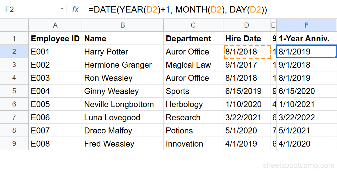 DATE function adding 1 year to hire date showing 8/1/2019
