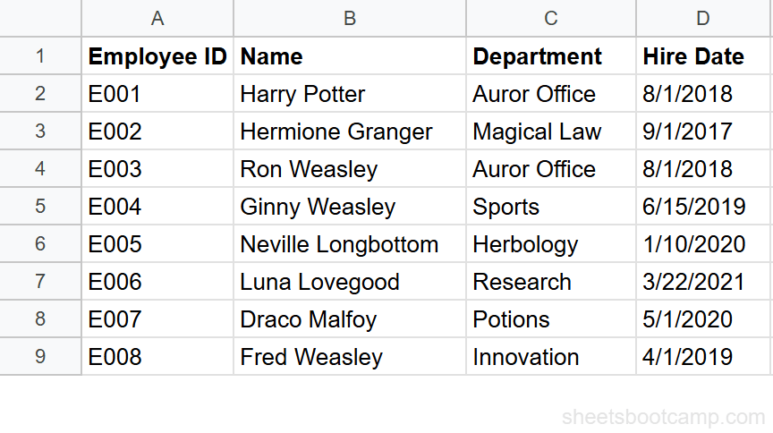 Employee database with Name, Department, Hire Date, and Salary for 8 employees