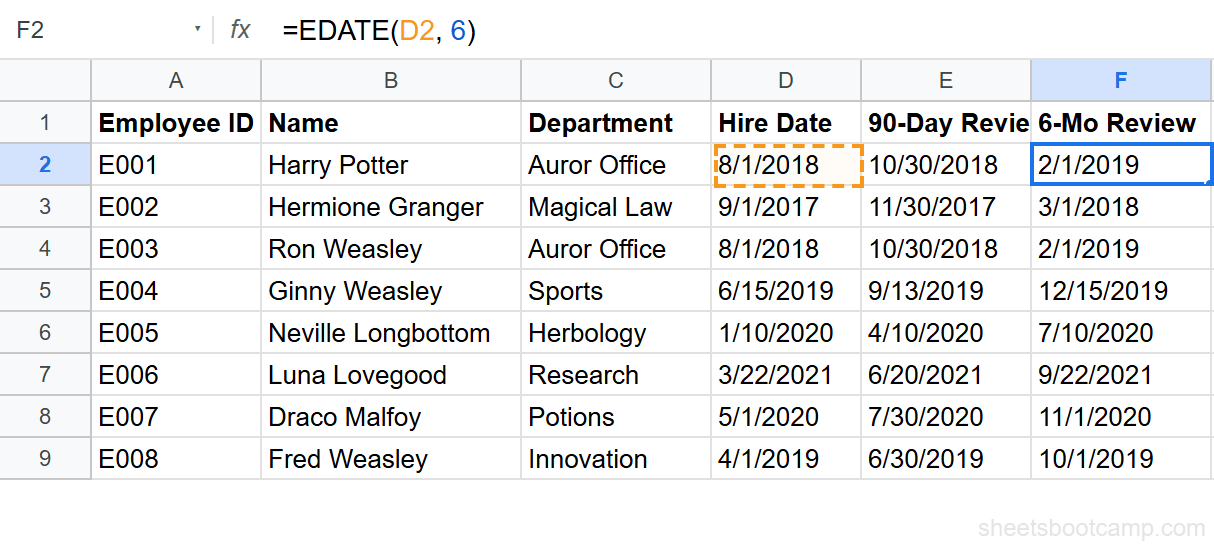 EDATE formula adding 6 months to Harry Potter's hire date showing 2/1/2019