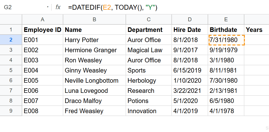 DATEDIF calculating age from birthdate for all 8 employees