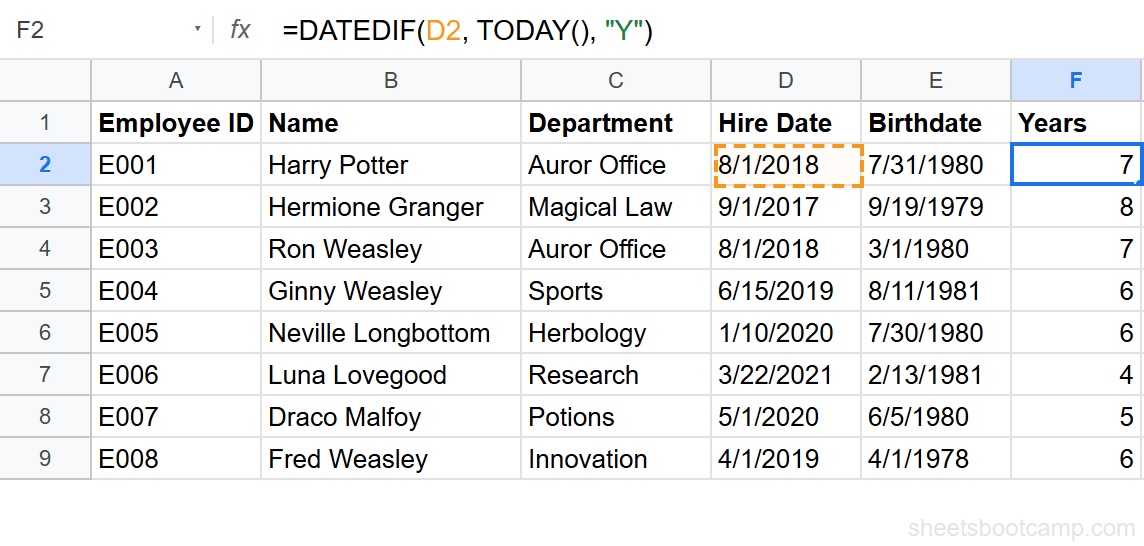 DATEDIF formula returning 7 years of tenure for Harry Potter with formula bar visible