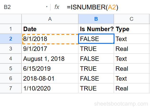 ISNUMBER returning FALSE for text dates and TRUE for real dates