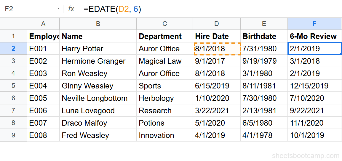 EDATE formula adding 6 months to Harry Potter's hire date returning 2/1/2019