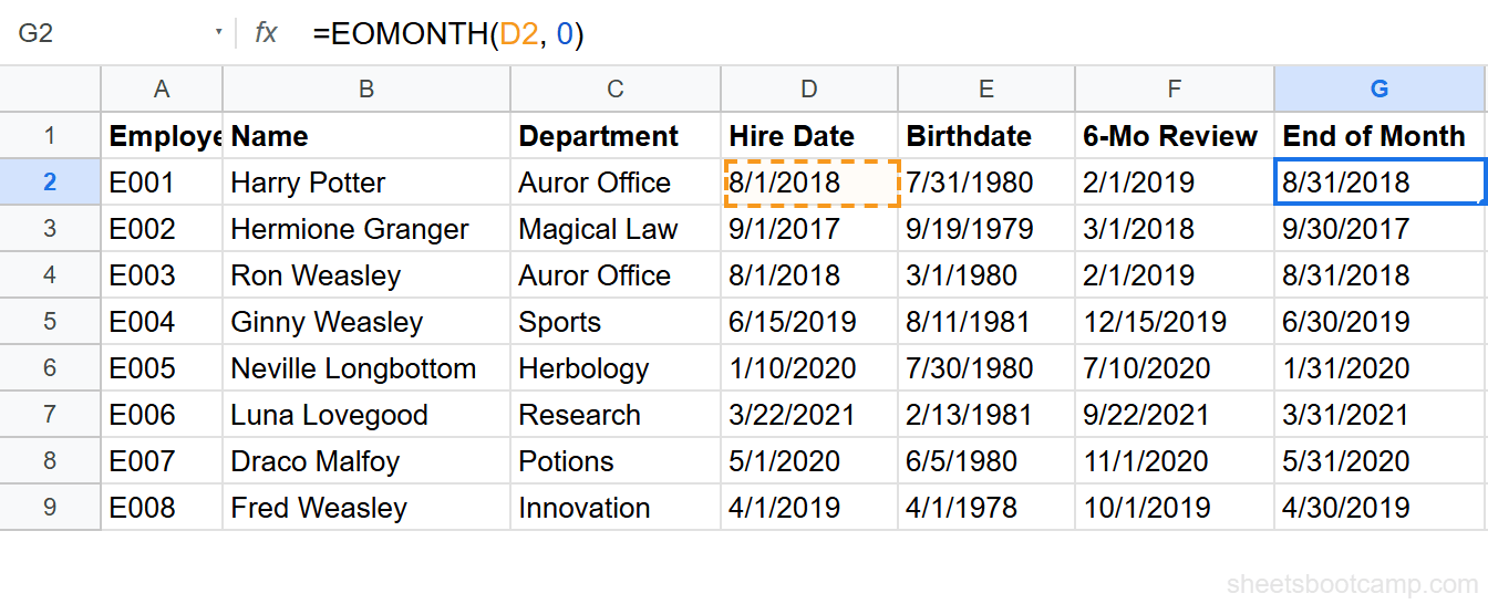 EOMONTH formula returning 8/31/2018 as the last day of Harry Potter's hire month