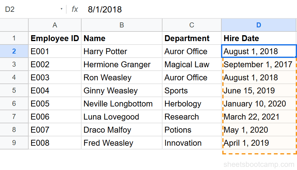 Hire Date column reformatted to show dates as August 1, 2018 long format using Format Number menu