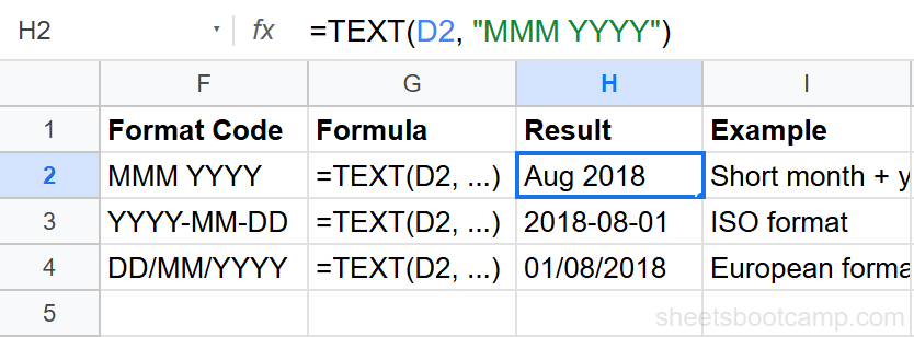 TEXT function converting date to custom format showing Aug 2018 and 2018-08-01 in adjacent cells