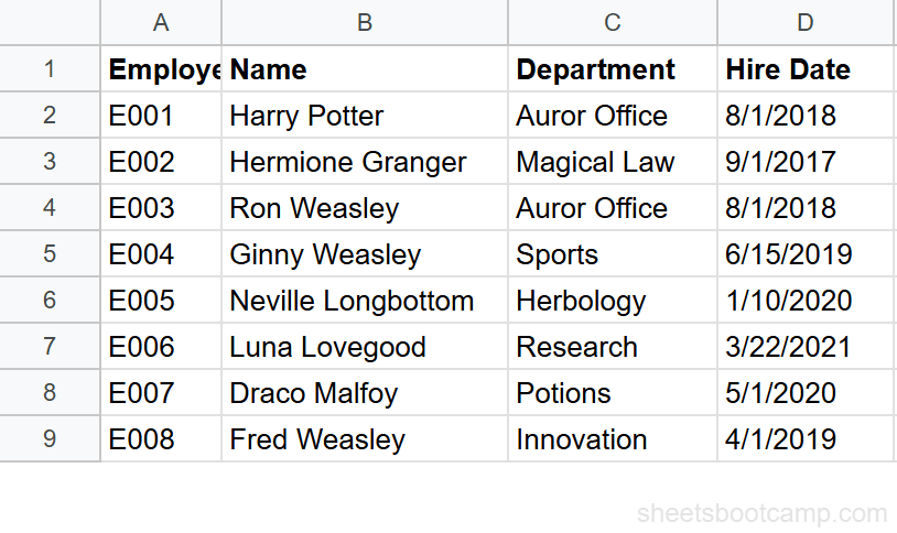 Employee database with Name, Department, Hire Date columns for 8 employees