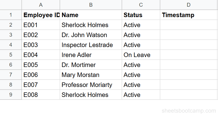 Tracking sheet with Employee ID, Name, Status, and empty Timestamp column
