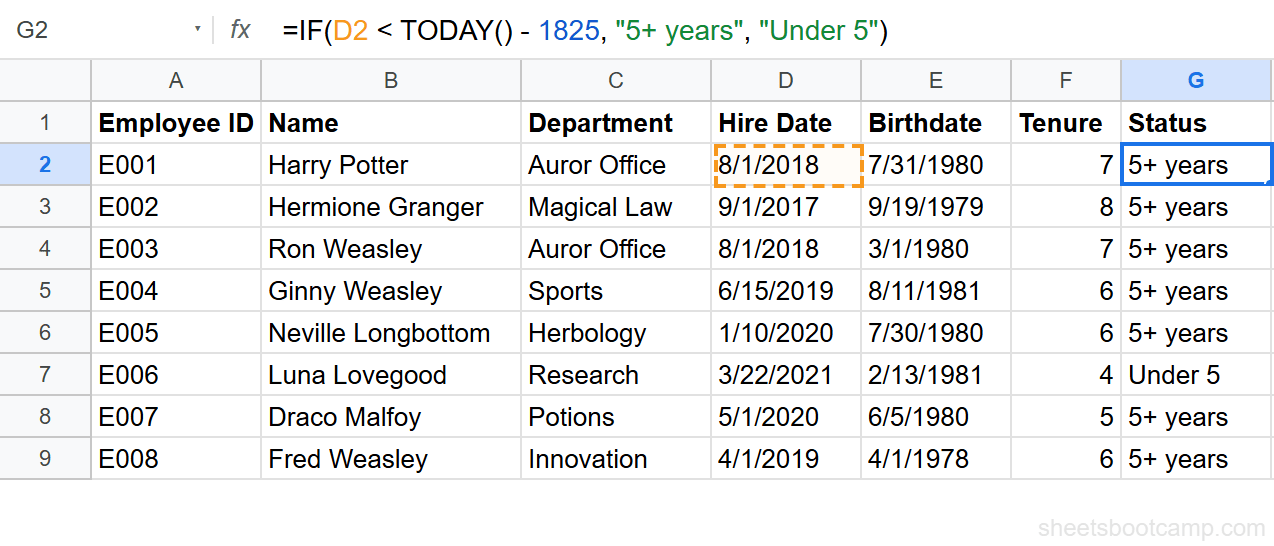 IF formula comparing hire date to TODAY minus 1825 to flag employees with over 5 years tenure