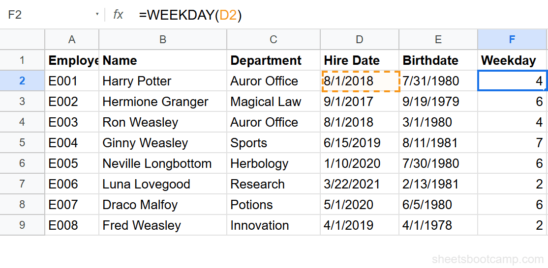 WEEKDAY formula returning 4 for Harry Potter's Wednesday hire date