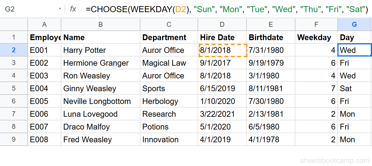 CHOOSE formula converting WEEKDAY number to day name abbreviation