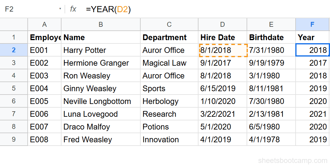 YEAR function returning 2018 for Harry Potter's hire date
