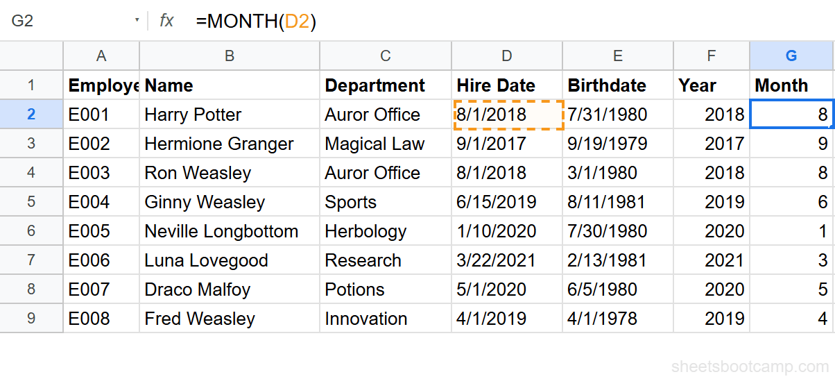 MONTH function returning 8 for Harry Potter's August hire date