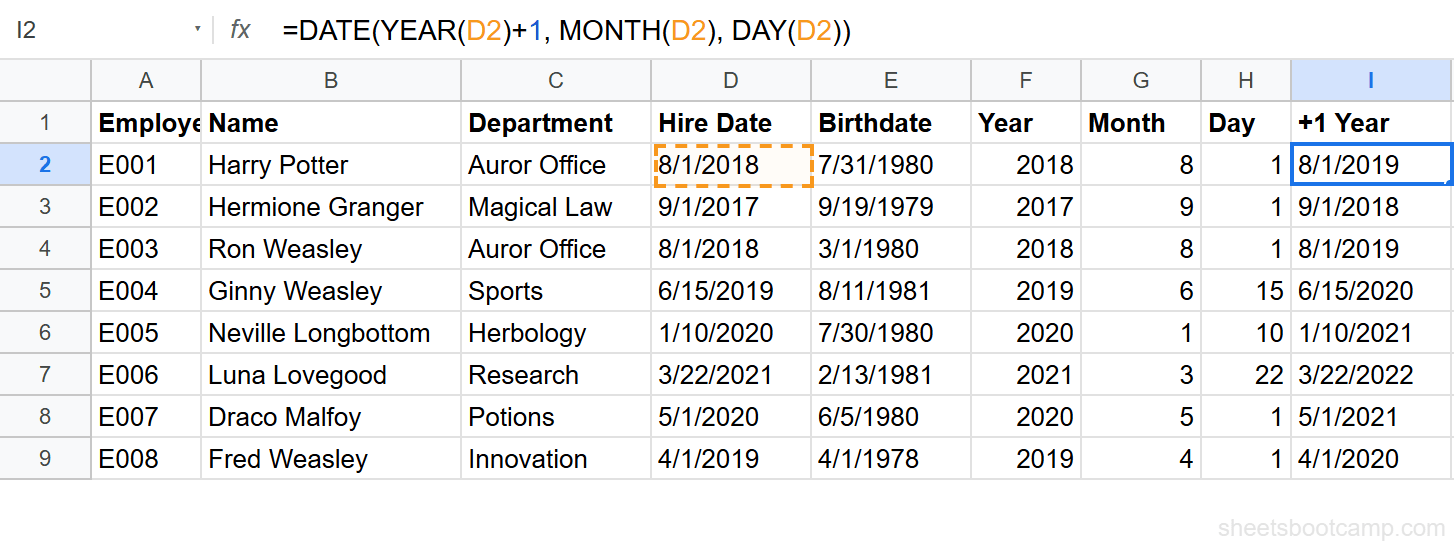 DATE function rebuilding hire date with year incremented by 1