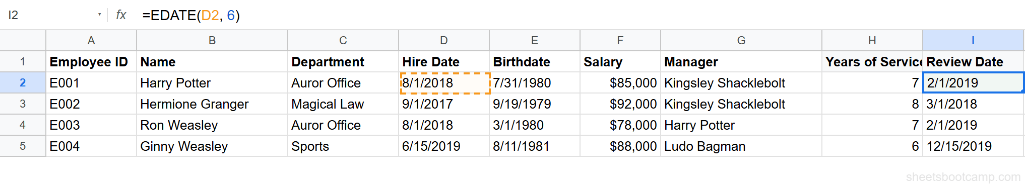 EDATE formula calculating review dates for employees, showing 6-month intervals from hire date