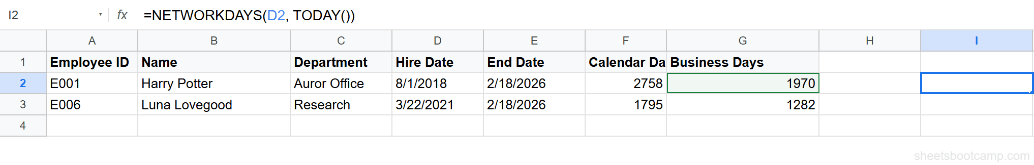 NETWORKDAYS formula showing 913 business days between Hermione's and Luna's hire dates