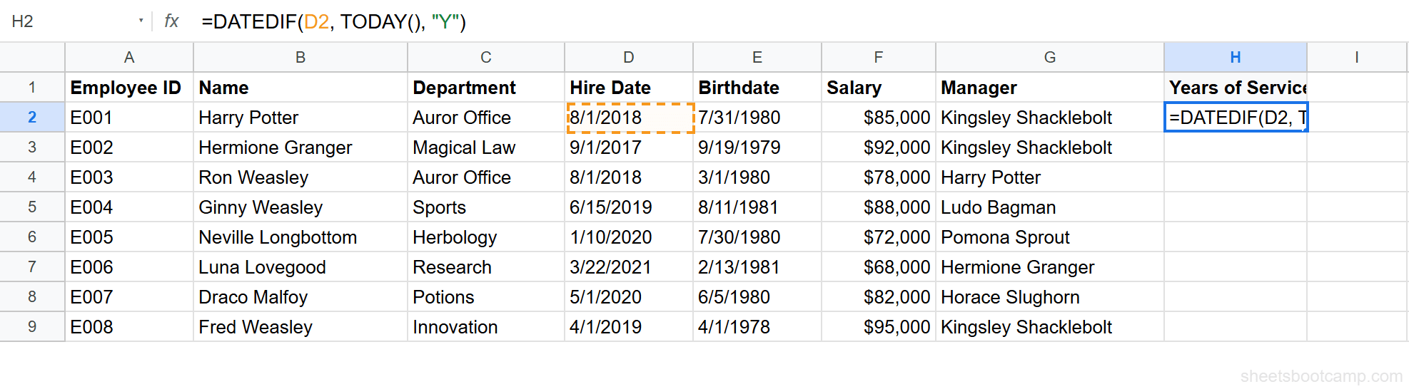 DATEDIF formula in cell H2 returning 7 years of service with the formula bar showing =DATEDIF(D2, TODAY(), "Y")