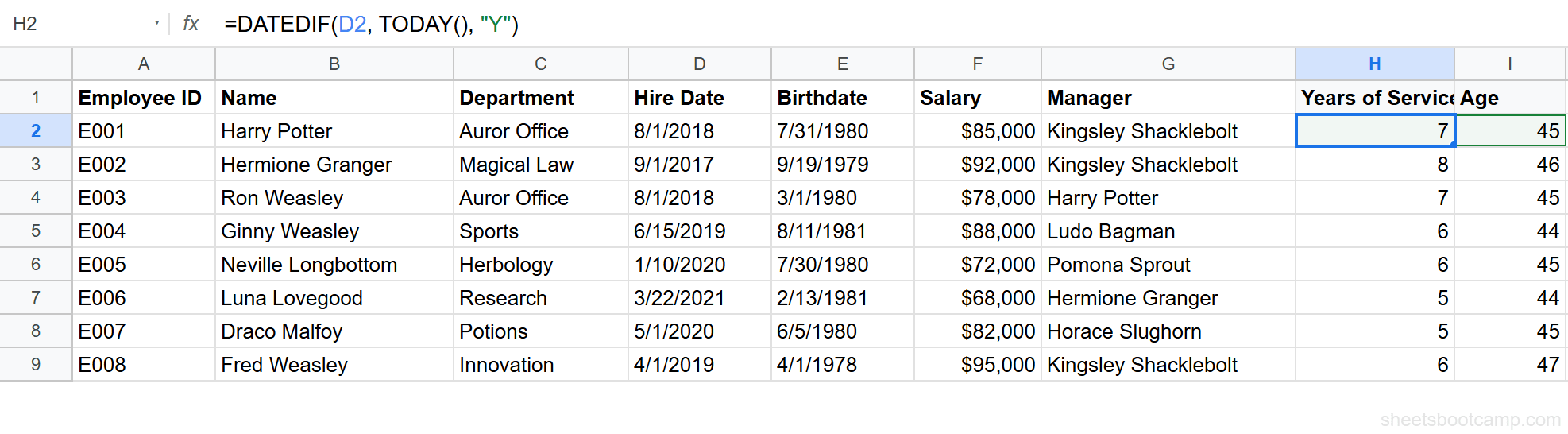 DATEDIF formula calculating age from birthdate, showing 45 in the result cell