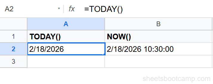 Cells showing TODAY returning the current date and NOW returning the current date and time