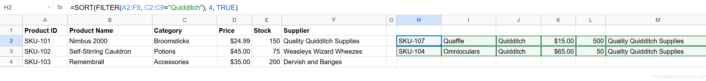 FILTER combined with SORT returning Quidditch products ordered by price