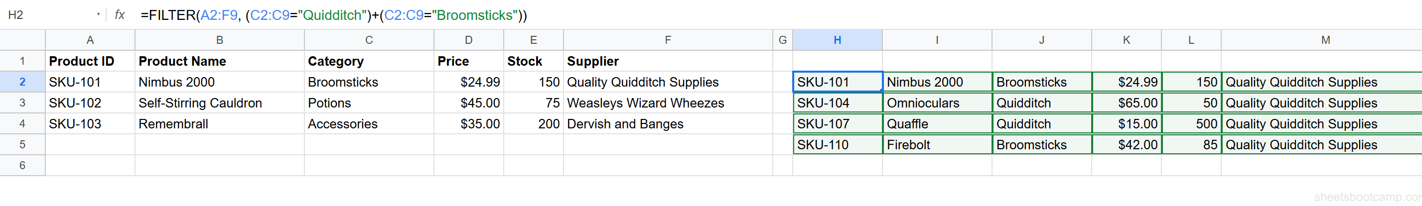 FILTER with OR conditions returning Quidditch and Broomsticks products
