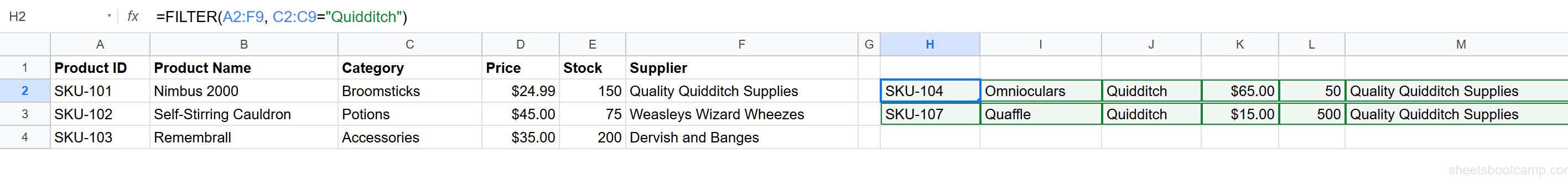 FILTER results showing two Quidditch products: Omnioculars and Quaffle