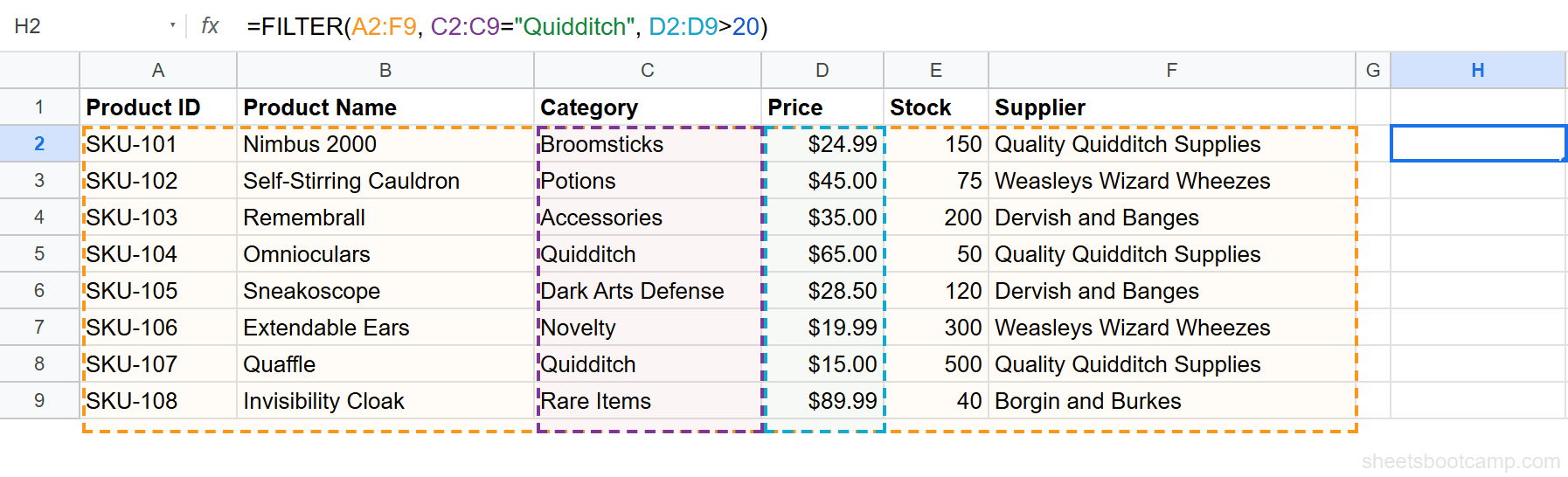 FILTER with two conditions filtering Quidditch products priced above $20