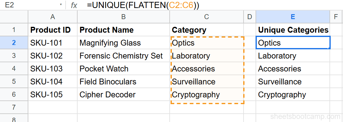 UNIQUE and FLATTEN combined to get unique categories from the data